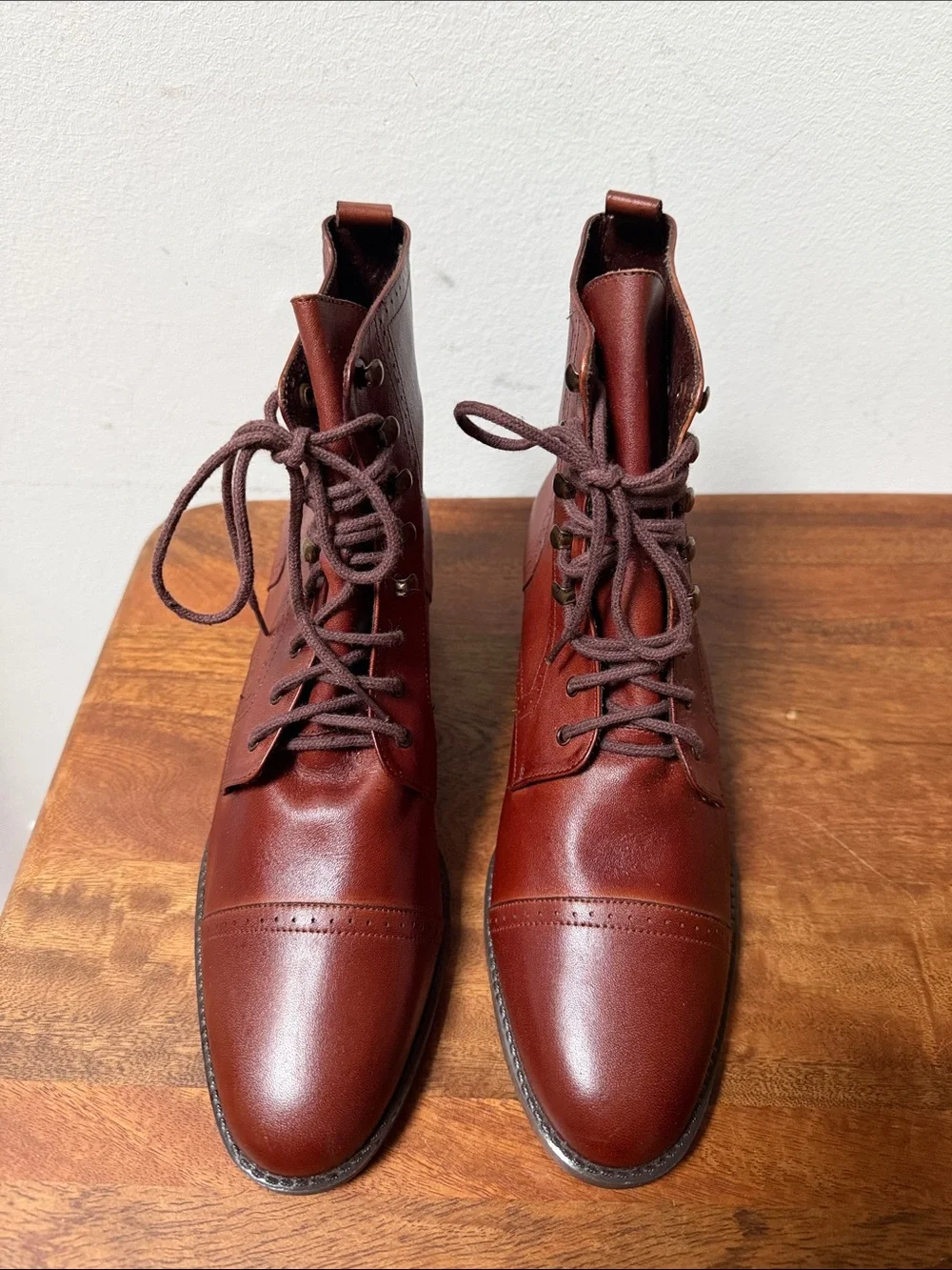 Women's Leather Lace-Up Cap-Toe Boots in Chestnut Brown